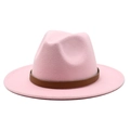 Detail of pink wool fedora hat featuring a brown snakeskin pattern leather belt band - Pink