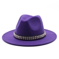 Detail of purple wool fedora hat featuring a stylish black belt with silver square studs - M (56-58cm) / Purple
