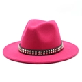 Chapeau fedora classique en laine fuchsia à bord large et bandeau noir à rivets argent - Rose rouge