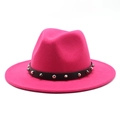 Detail of rose red wool fedora hat featuring black leather band and silver metal studs - M (56-58cm) / Rose Red