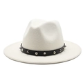 White wool fedora hat with black leather strap featuring silver punk metal rivets - M (56-58cm) / White