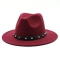 Close-up of deep red wool felt fedora featuring a black leather strap and silver studs - M (56-58cm) / Burgundy
