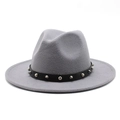 Detail view of the gray wool fedora hat featuring a black belt with silver punk studs - M (56-58cm) / Light Gray