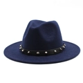 Detail of navy blue wide brim fedora with black leather band and silver metal studs - M (56-58cm) / Navy Blue