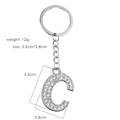 Letter C rhinestone keychain in silver metal with size and weight dimensions shown - Letter C
