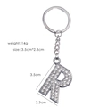 Detailed view of silver letter R keychain with rhinestones and precise dimensions - Letter R