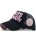 Detail of black trucker hat with 3D pink RIS OWN embroidery and breathable mesh back - Black Pink