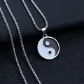 Vintage stainless steel Yin Yang pendant necklace with silver box chain on black leather - Tai Chi + Stainless Steel Chain