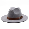 Detail of wool fedora hat featuring a brown leather strap and silver metal buckle accent - Light Gray