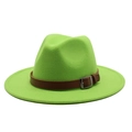 Vibrant green wide brim wool fedora with brown leather band and silver buckle - Fluorescent Green