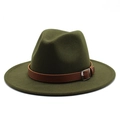 Detail of dark green wool fedora hat featuring a brown leather band and metal buckle - Army Green