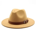 Detail of camel wool fedora hat with brown leather band and silver metal buckle - Camel