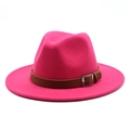 Magenta wool fedora jazz hat with brown leather belt and silver buckle on white background - Rose Red