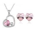 Parure bijoux collier et boucles d'oreilles cœur en cristal rose et finition argent - Ensemble de Bijoux Rose
