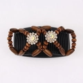 Detail of double hair comb with brown wooden beads and sparkling crystal flower accents - Small Flower Wood (Walnut)