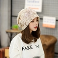 Beige lace beanie featuring 3D flower decorations for a stylish and feminine look - One Size / Beige