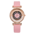 Montre quartz femme en or rose avec bracelet en cuir rose et lunette en strass - Rose