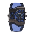 Orologio da uomo al quarzo con cinturino largo in pelle blu e quadrante grande - Blu