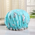 Sky blue waterproof shower cap with unicorn print and elastic brown trim detail - Cartoon Sky Blue Unicorn