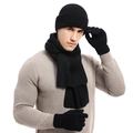 3-piece men's winter knit set with black ribbed hat, long scarf and touchscreen gloves - Black (With Label)