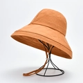 Women wide brim sun hat in ginger yellow breathable linen with adjustable chin strap - M(56-58cm) / Caramel (20I010)