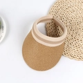 Brown straw sun visor hat for kids with striped elastic band on a minimalist background - Adult (56-58cm) / Khaki