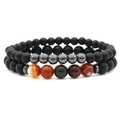 Matte black agate and striped carnelian beaded bracelets with silver spacers for men - Matte Black + Reddish Brown Stripe / Reddish Brown Agate 2Pcs Set