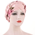 Pink floral print turban hat for women with decorative braid detail and milk silk fabric - Pink Floral