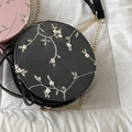 Fashionable black round crossbody bag with floral leaf embroidery and golden chain strap - Round / Black
