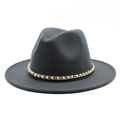 Detailed view of wide brim grey fedora with gold metal chain and white pearls accent - M (56-58cm) / Dark Gray