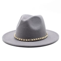 Detail of grey wool fedora hat featuring golden chain and white pearl embellishments - M (56-58cm) / Light Gray