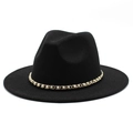 Close-up of black wool felt fedora with elegant gold chain and pearl decorative band - M (56-58cm) / Black