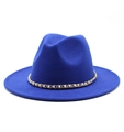 Close-up of royal blue wool fedora hat featuring a gold chain with white pearl accents - M (56-58cm) / Sapphire Blue