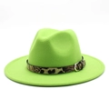 Detail of neon green wool fedora hat featuring a stylish leopard print band and metal buckle - M (56-58cm) / Fluorescent Green