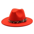 Detailed macro shot of the red wool felt fedora with a leopard print buckle strap - M (56-58cm) / Orange Red
