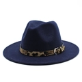Navy blue wool fedora hat featuring leopard print band with silver buckle on white background - M (56-58cm) / Navy Blue