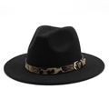 Détail d'un chapeau fedora noir en laine avec ruban léopard et boucle en métal argent - M (56-58cm) / Noir