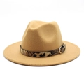 Detail of camel wool fedora hat featuring a leopard print band and silver metal buckle - M (56-58cm) / Camel