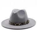 Detail of grey wool fedora hat featuring a leopard print band and silver metal buckle - M (56-58cm) / Light Gray