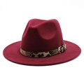 Close-up of wine red wool fedora hat featuring leopard print band and gold buckle - M (56-58cm) / Burgundy