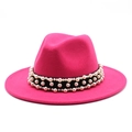 Detail of rose red fedora hat featuring three rows of pearls on black ribbon band - Rose Red