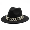 Close-up of black wool Fedora hat featuring triple layers of white pearl decorative bands - M (56-58cm) / Black