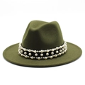 Detail of olive green wool fedora hat featuring three rows of decorative white pearls - Army Green