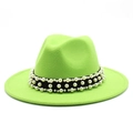 Neon green wool fedora hat with a black ribbon band and elegant white pearl accents - Fluorescent Green