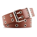 Brown faux leather double-grommet belt with silver square pin buckle for punk style - Camel (No Chain)