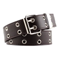 Punk style coffee brown leather belt with double silver eyelets and a classic metal buckle - Coffee (No Chain)