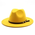 Detail of yellow wool fedora hat featuring brown leather band and gold metal rivets - M(56-58cm) / Yellow