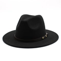 Detail of black wool fedora hat featuring a brown leather strap and gold metal rivets - M(56-58cm) / Black