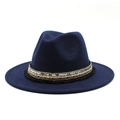 Classic dark blue wool fedora hat with bohemian style sequin ribbon and fringe detail - Navy Blue