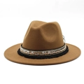 Elegant brown felt fedora hat with bohemian ethnic sequin ribbon and tassel detailing - Light Coffee